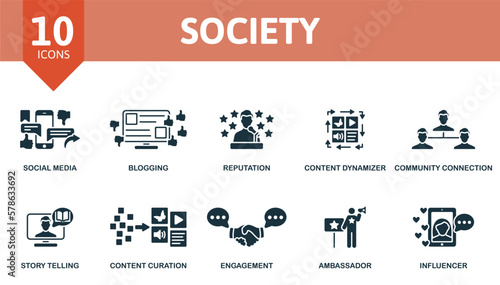 Society set. Creative icons: social media, blogging, reputation, content dymanizer, community connection, story telling, content curation, engagement, ambassador, influencer.