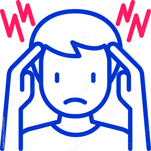 Headache, migraine thin line icon: man touches his head with his hands. Modern vector illustration.