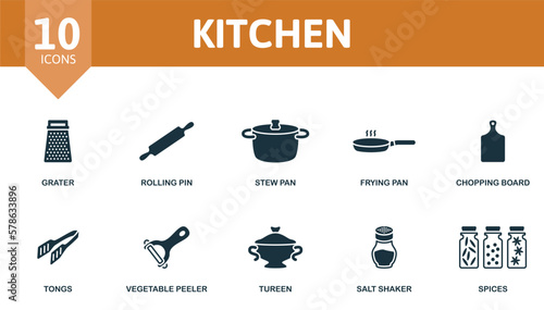 Kitchen set. Creative icons: grater, rolling pin, stew pan, frying pan, chopping board, tongs, vegetable peeler, tureen, salt shaker, spices.