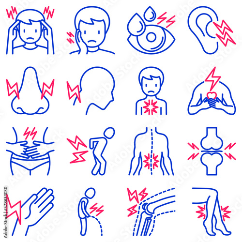Body aches thin line icons set: migraine, toothache, pain in eyes, ear, nose, when urinating, chest pain, menstrual, joint, arthritis, rheumatism. Modern vector illustration.