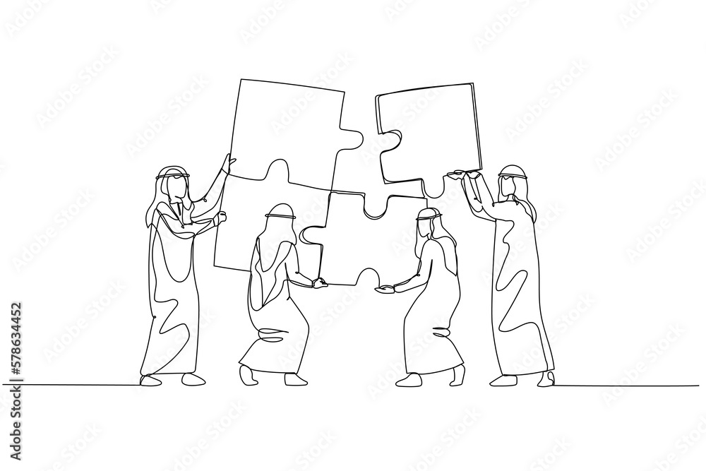 Cartoon of arab businessman with team bringing puzzle together. Concept of teamwork. One line art style Cartoon of arab businessman with team bringing puzzle together. Concept of teamwork. One line art style