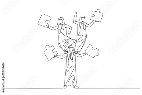 Drawing of arab businessman juggling puzzle from human tower. Concept of teamwork. Continuous line art style