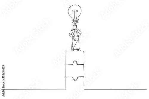 Cartoon of arab businessman sit on puzzle tower. Concept of teamwork and cooperation. Continuous line art