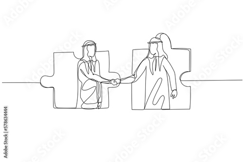 Cartoon of arab businessman inside jigsaw puzzle shake hand together. Concept of business agreement. One continuous line art style
