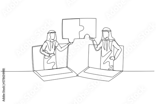 Drawing of arab businessman and coworker connecting jigsaw puzzle. Concept of business solution. Single continuous line art style