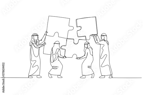 Cartoon of arab businessman with team bringing puzzle together. Concept of teamwork. One line art style