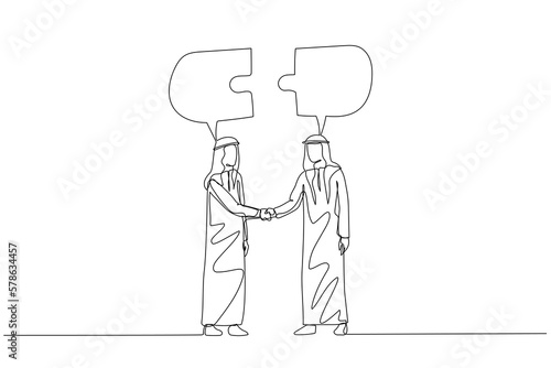 Drawing of arab businessman with business partner connect chat bubble. Concept of discussion. Single continuous line art style photo