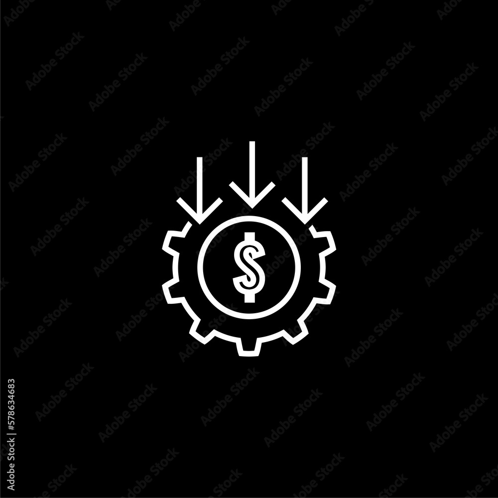 Naklejka premium Dollar rate decrease icon isolated on black background. Money symbol with down arrow.
