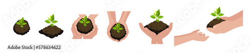 White skin hands holding small tree for planting. Green world, earth day, save our planet, eco life concept. Vector illustrartion