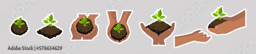 Black skin hands holding small tree for planting stickers. Green world, earth day, save our planet, eco life concept sticker pack. Vector illustrartion