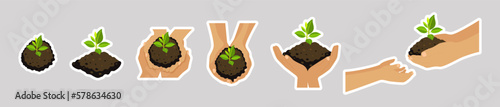 Light brown skin hands holding small tree for planting stickers. Green world, earth day, save our planet, eco life sticker pack concept. Vector illustrartion