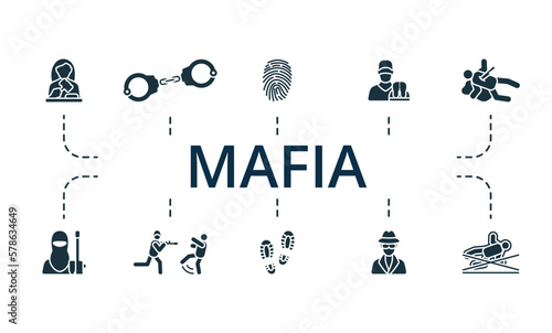 Mafia set. Creative icons: judge, handcuffs, fingerprint, coroner, murder, terrorist, war crime, footprints, espionage, crime.