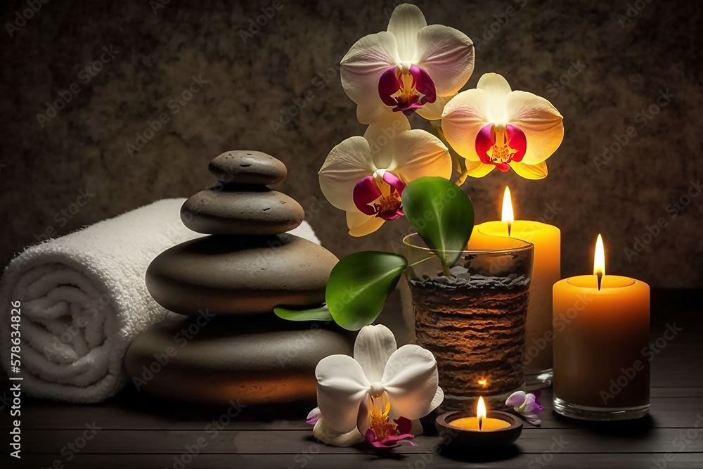 Spa concept, candles, towels, massage stones, soft light. Generated by AI technology 