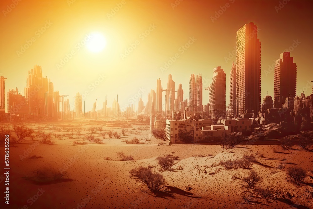 City in harsh drought clima, climate change. Generative AI