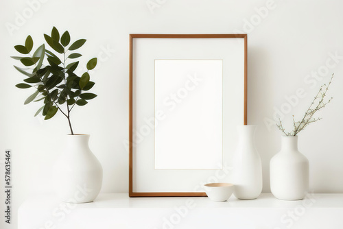Blank picture frame mockup on desk. Scandinavian minimalist style. Interior items. Vases with dried flowers. Generative AI.