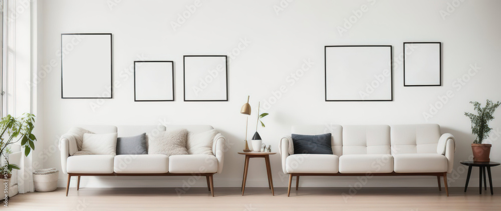 Fototapeta premium Blank picture frame mockup on desk. Scandinavian minimalist style. Interior items. Generative AI.