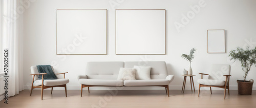 Blank picture frame mockup on desk. Scandinavian minimalist style. Interior items. Generative AI. © Mountains Hunter