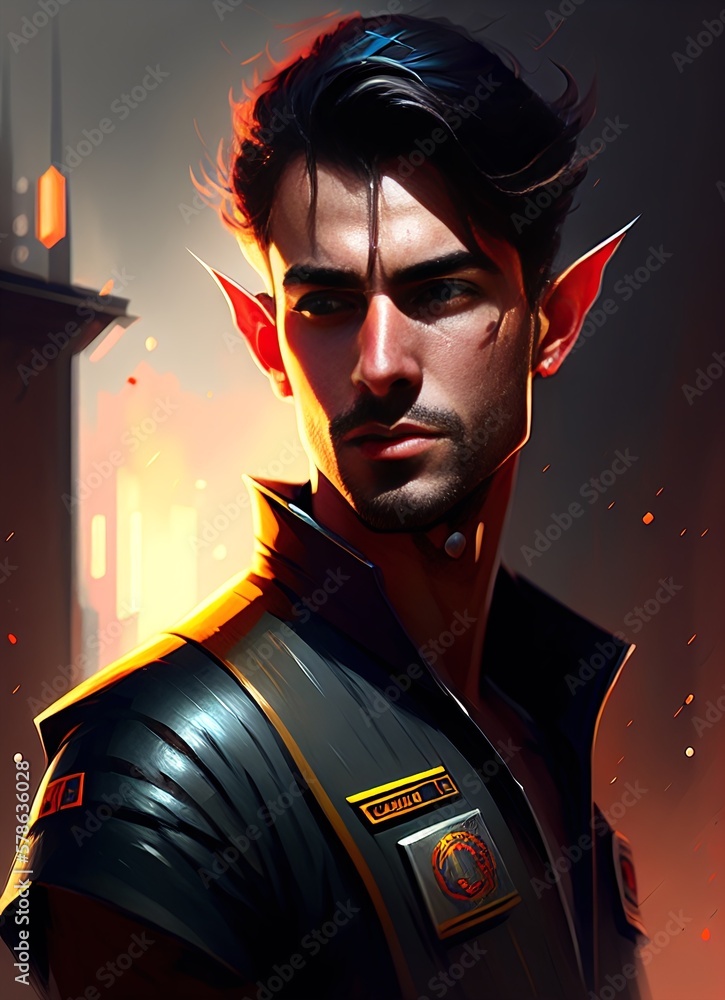fantasy portrait of a man with elf ears wearing a leather jacket ...