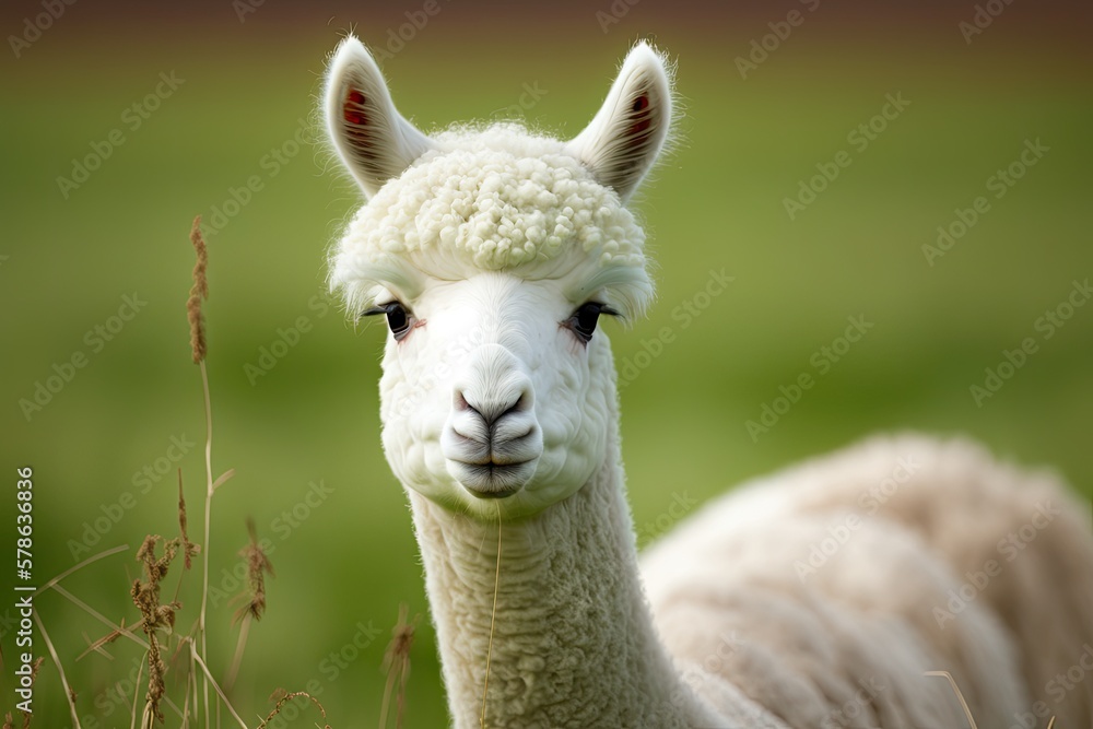Obraz premium One white alpaca grazes peacefully in a field of green. An alpaca's head is the sole subject of this close up photograph. Generative AI