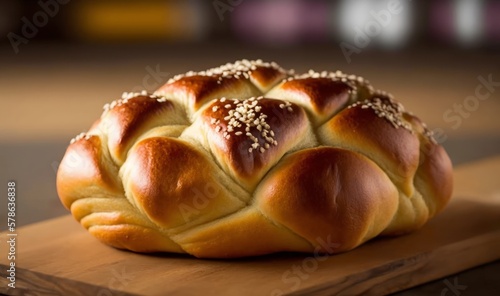 A beautiful loaf of challah bread. חַלָּה. Dacher. Barhesz. Koyletsh. Braided and sprinkled with sesame seeds. Traditional Jewish Shabbat ritual. Shabbat Shalom. AI image photo