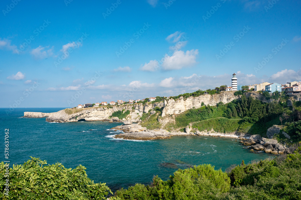 A landscape with the sea and a lighthouse on a cliff with colorful houses and trees on a sunny summer day.