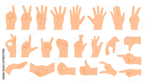 Hands poses. Cartoon hand gestures count on fingers, pointing, handshake, thumb up like and dislike. Human palm vector illustration set. Showing signals as victory, rock, body language