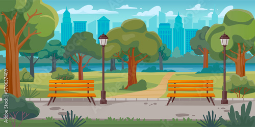 City park. Public alley walkway with green trees, wooden bench and parks lanterns. Panoramic landscape with urban background vector illustration. City skyscrapers near nature outside scene