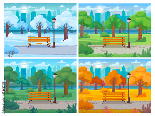 City park seasons. Summer, autumn, winter and spring time panoramic landscape of town garden. Urban outdoor background vector set. Different weather, sunny, snowy alley, seasonal nature