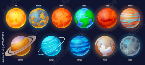 Cartoon solar system planets. Astronomy set with Sun, Mercury, Venus, Earth, Mars, Jupiter, Saturn, Uranus, Neptune, Pluto and Moon vector illustration set. Universe elements, outer space