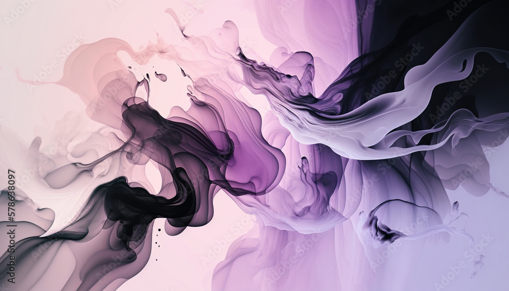 Abstract transparent purple and black flowing watercolor waves background.Generative AI.