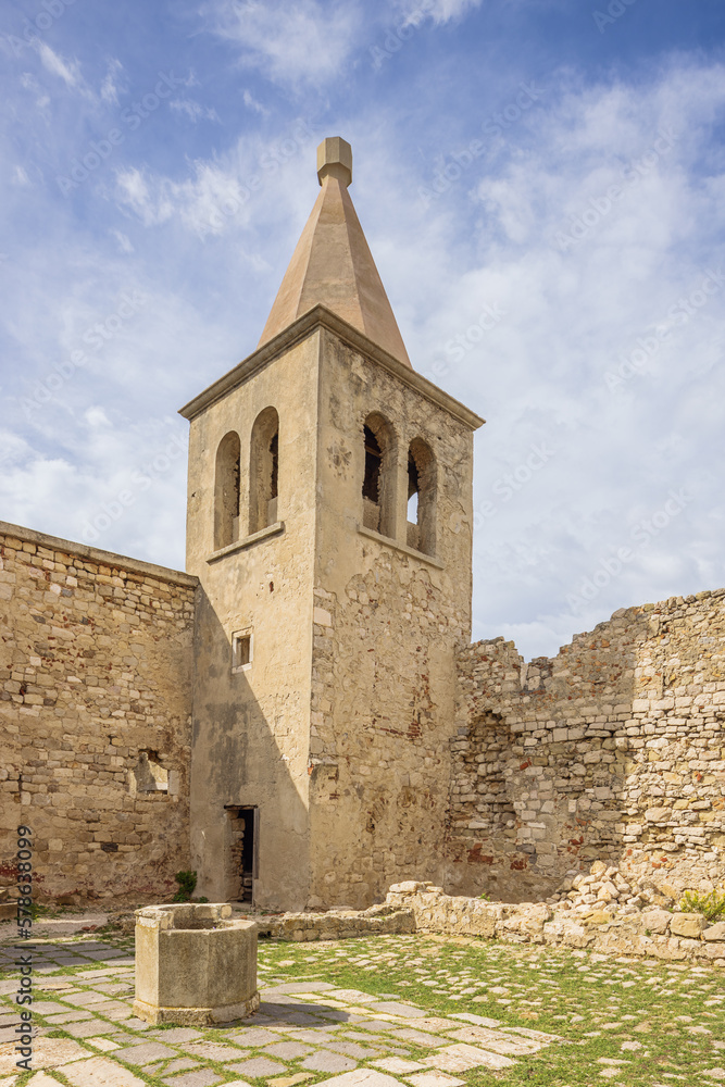 The bell tower of the old Franciscan monastery in the abandoned old town of Pag