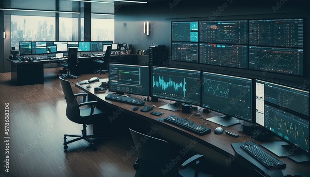 Typical financial office, with rows of desks and computer screens. Terminal, with the financial graphs. Generative AI Typical financial office, with rows of desks and computer screens. Terminal, with the financial graphs. Generative AI