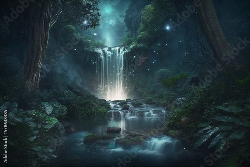 Starry Canopy Over Majestic Waterfall in Verdant Wilderness. Nighttime Beauty  Nature   s Majesty.