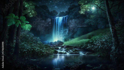 Starry Night Over Majestic Waterfall Amidst Lush Greenery. Nature’s Splendor, Nighttime Serenity. © art4all