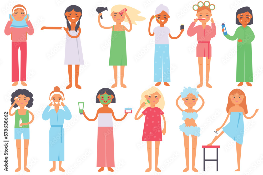 Beauty procedures set concept with people scene in the flat cartoon style. Girls do beauty procedures to keep their bodies in good shape. Vector illustration. Beauty procedures set concept with people scene in the flat cartoon style. Girls do beauty procedures to keep their bodies in good shape. Vector illustration.