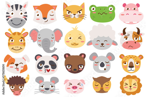 Fototapeta Naklejka Na Ścianę i Meble -  Animal emotions set concept without people scene in the flat cartoon style. Images of faces of various wild animals. Vector illustration.