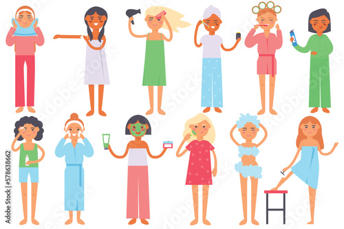 Beauty procedures set concept with people scene in the flat cartoon style. Girls do beauty procedures to keep their bodies in good shape. Vector illustration.