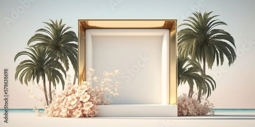 3D podium with copy space for product presentation on abstract Hawaii Palm Beach background. Minimalistic concept of tropical summer and vacation. Frame with flowers near podium background of palm.  © Михаил Осадчук