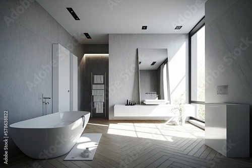 Concrete wall  parquet floor  square white mirror over sink  and a freestanding white bathtub make up one corner of a minimalist panoramic bathroom. Generative AI