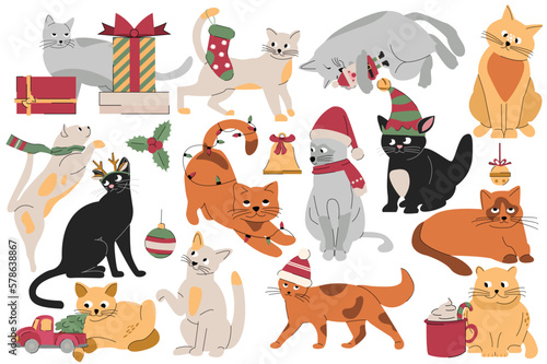 Fototapeta Naklejka Na Ścianę i Meble -  Set concept Christmas cats without people scene in the flat cartoon style. Different cute cats are playing with Christmas decorations. Vector illustration.