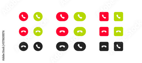 Call icons set. Accept call, reject, green, red, black, interlocutor, communication, graphics, connection, business, negotiations. The concept of controls. Set of vector flat icons.