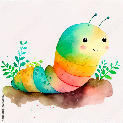 Cute worm character, cartoon watercolor caterpillar, colorful cute funny smiling insect and garden animal of rainbow colors, children book illustration. Adorable kawaii pest crawl, larva, lovely bug