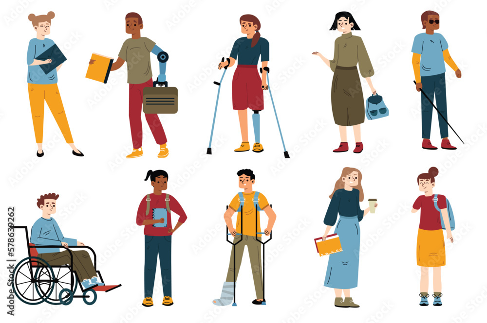 Set concept Disabled and healthy students with people scene in the flat cartoon design. Young people with various diseases live a normal student life. Vector illustration.