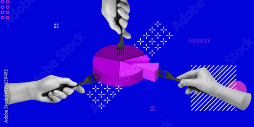 Limited resources, resource sharing, profit distribution concept. Three hands with forks and one pie chart. Minimalist collage