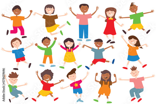 Set concept Happy children with people scene in the flat cartoon style. Different children express their emotions of happiness. Vector illustration.