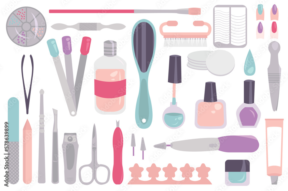 Set concept Manicure and pedicure instruments without people scene in the flat cartoon design. Nail care tools used for manicures and pedicures. Vector illustration. Set concept Manicure and pedicure instruments without people scene in the flat cartoon design. Nail care tools used for manicures and pedicures. Vector illustration.