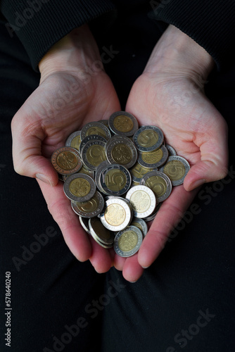 Obraz na płótnie 5 zloty coins on the hands. Money on hands. w salonie