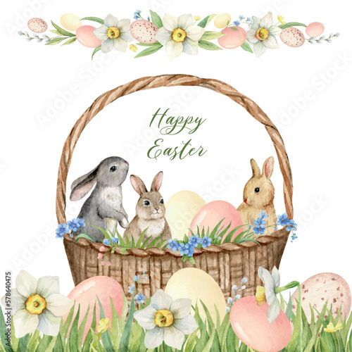 Happy Easter vector watercolor card of a basket with bunnies, eggs and flowers.