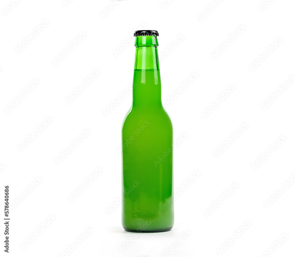 Green glass bottle with lime lemonade, cider, soda or beer on white background Green glass bottle with lime lemonade, cider, soda or beer on white background