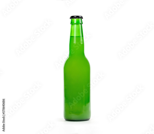 Green glass bottle with lime lemonade, cider, soda or beer on white background